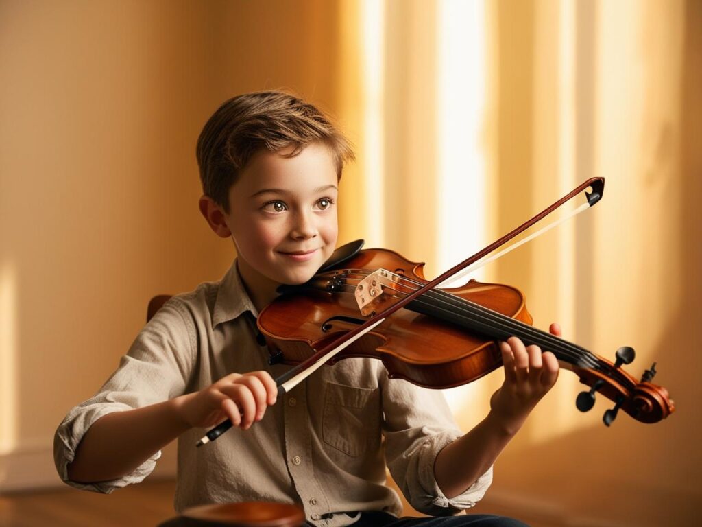 Een jongen leert vioolspelen tijdens zijn vioolles in Katwijk